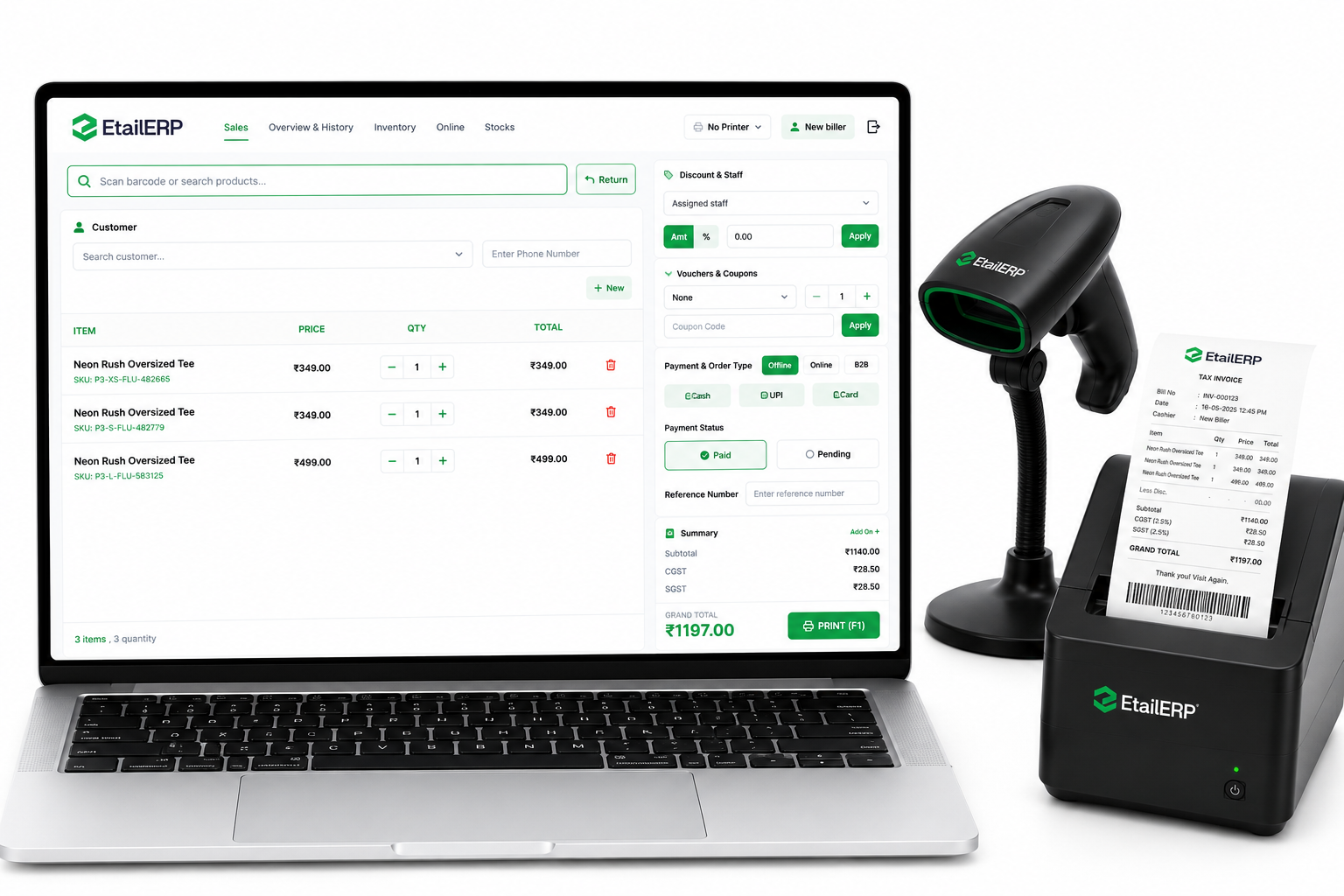 EtailERP billing screen on a laptop next to a barcode scanner and receipt printer, mid-sale with a printed tax invoice